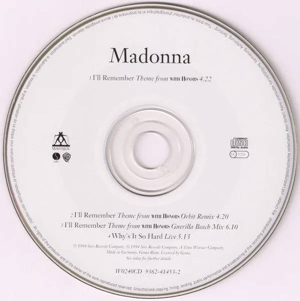 Madonna I'll Remember CD singolo soundtrack 1994