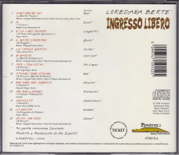 Loredana Bertè Ingresso Libero CD album live 1994 VG+