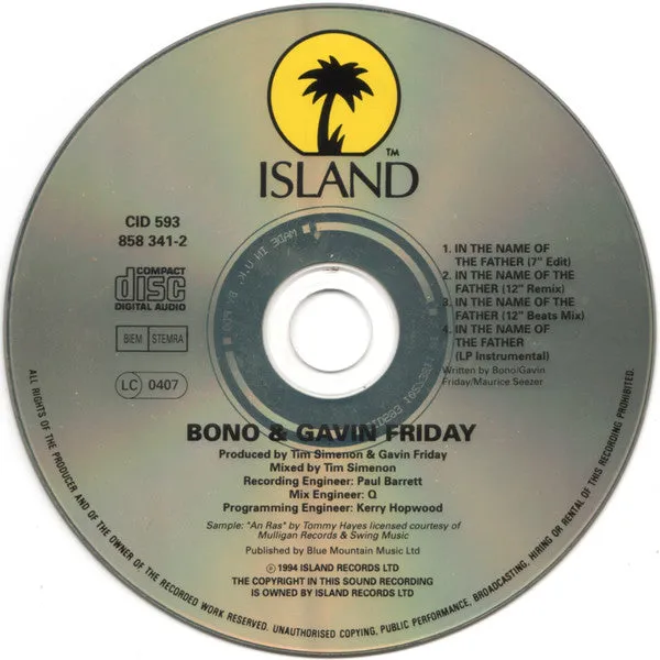 Bono & Gavin Friday In The Name Of The Father CD singolo