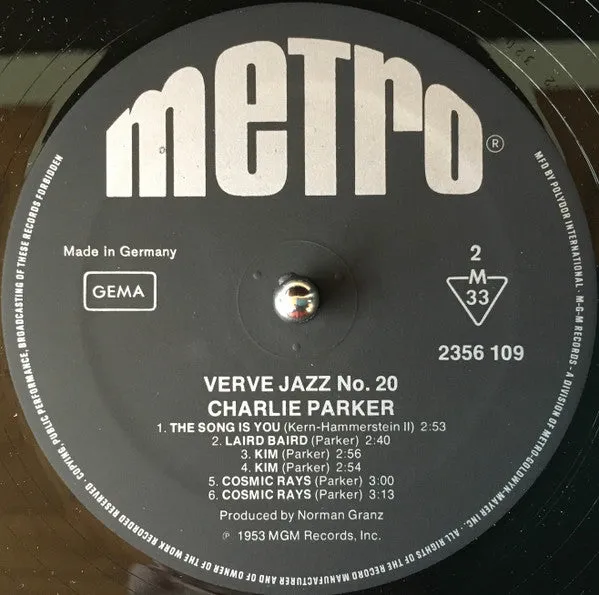 Charlie Parker Verve Jazz No. 20 vinile LP compilation bop