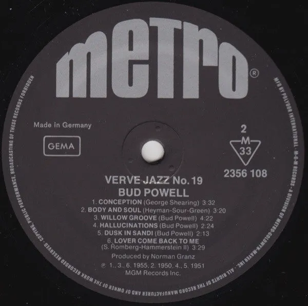 Bud Powell Verve Jazz No. 19 vinile compilation