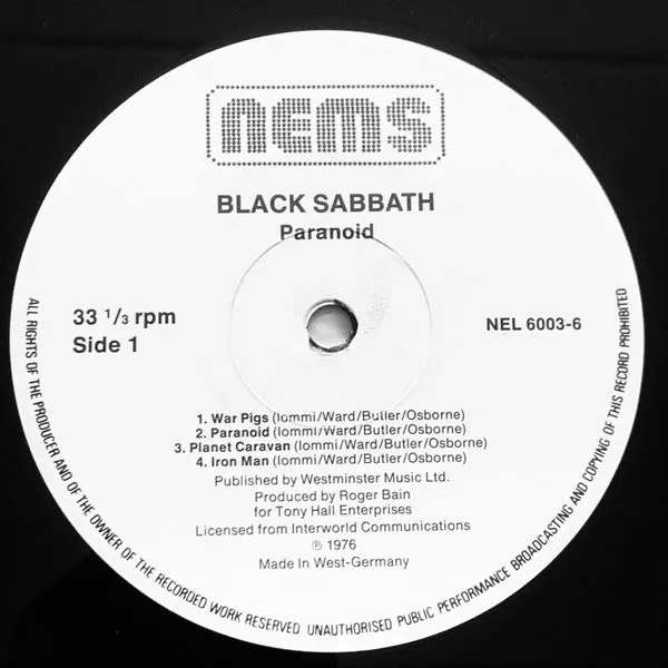 Black Sabbath Paranoid LP ristampa tedesca VG+ metal