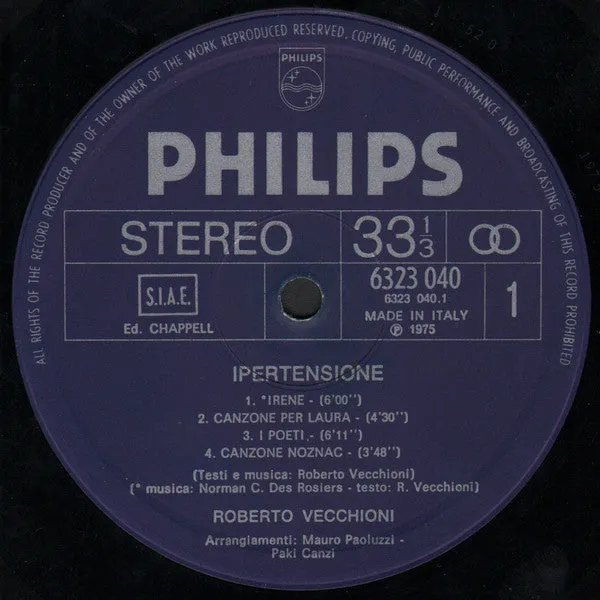 Roberto Vecchioni Ipertensione LP vinile usato 1975