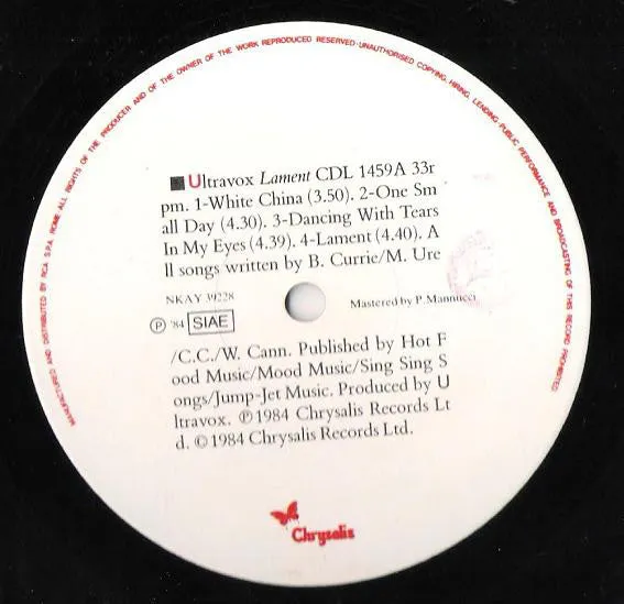 Ultravox Lament LP vinile usato VG+ stampa Italia 1984