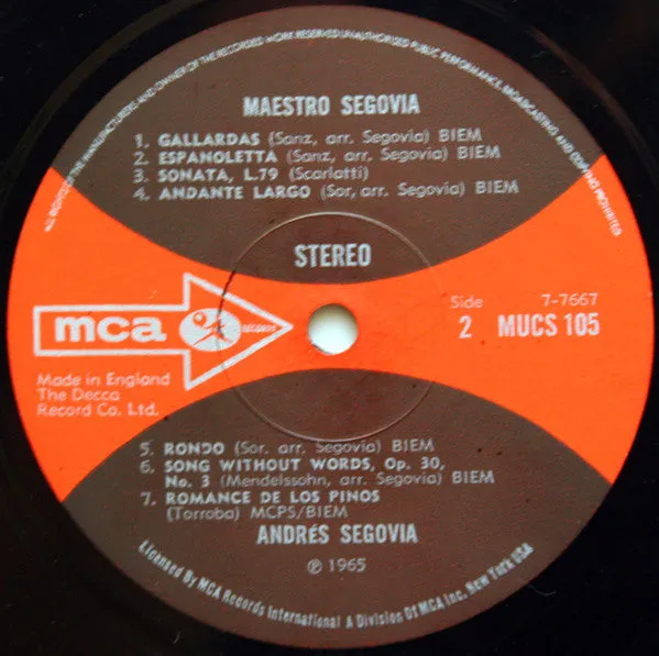 Andrés Segovia Maestro Segovia vinile LP chitarra classica