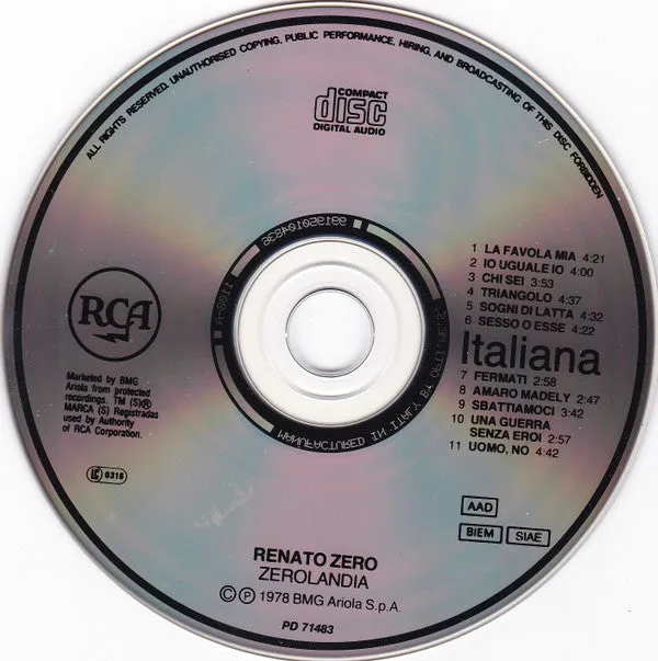 Renato Zero Zerolandia cd album europop
