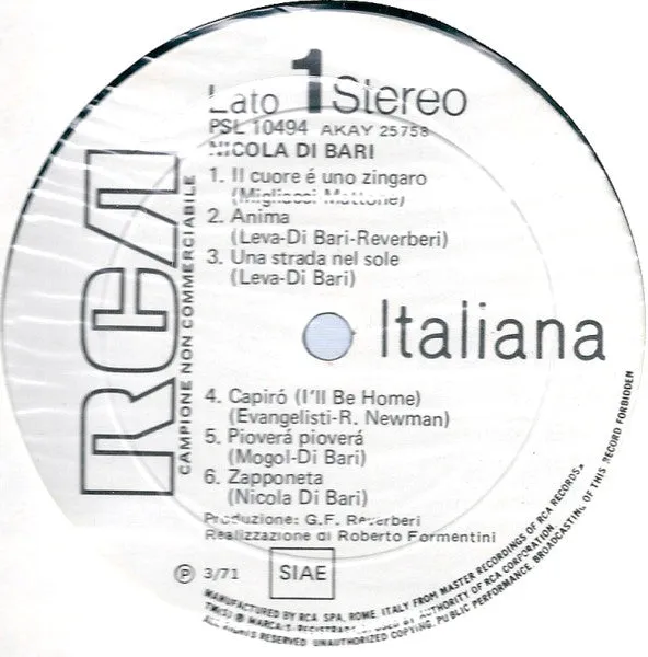 Nicola Di Bari omonimo LP vinile promo 1971 ballad