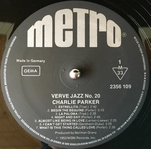 Charlie Parker Verve Jazz No. 20 vinile LP compilation bop