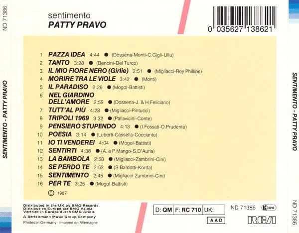 Patty Pravo Sentimento CD compilation 16 brani VG+