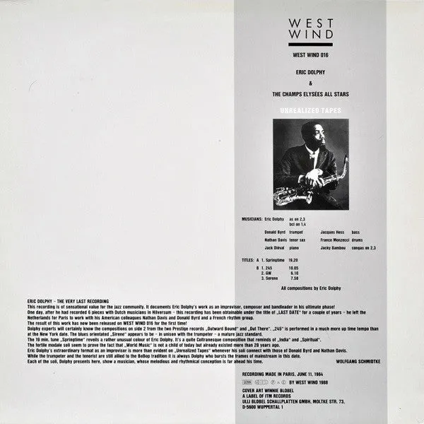 Eric Dolphy Unrealized Tapes vinile LP free jazz