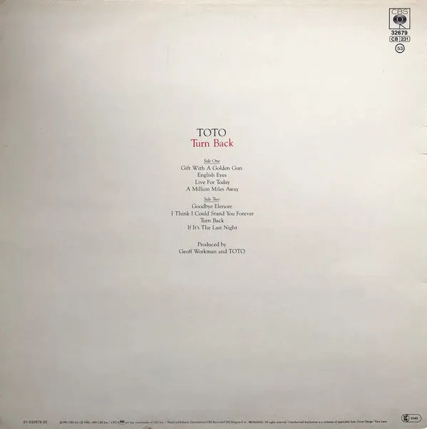 Toto Turn Back LP album ristampa Olanda pop rock NM