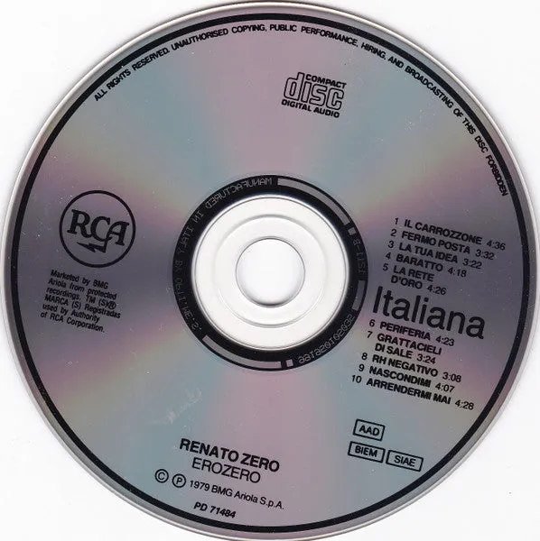 Renato Zero Erozero CD album pop G+ 1991