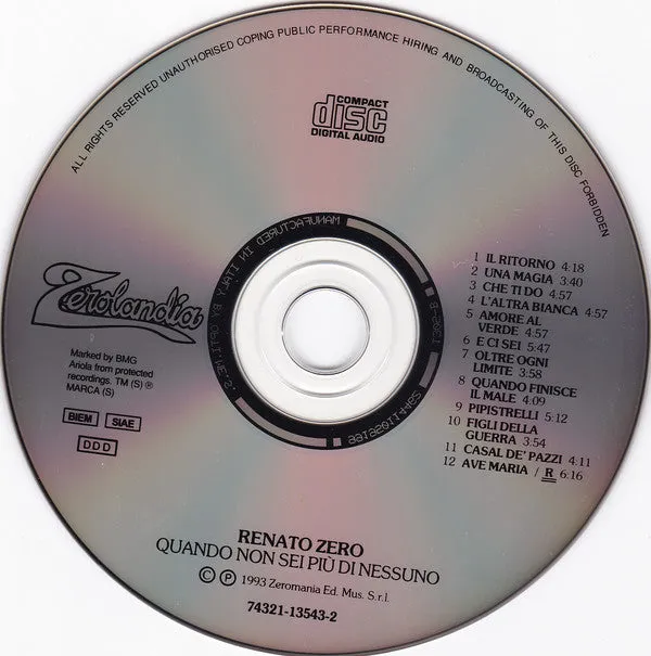 Renato Zero Quando Non Sei Più Di Nessuno CD 1993