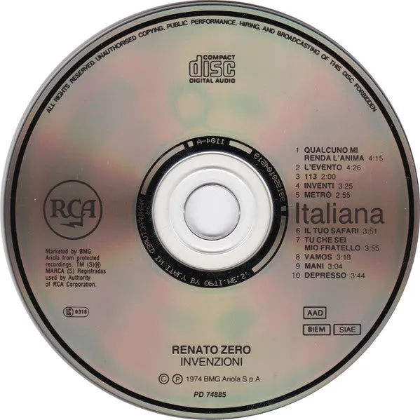 Renato Zero Invenzioni CD album ristampa 1991