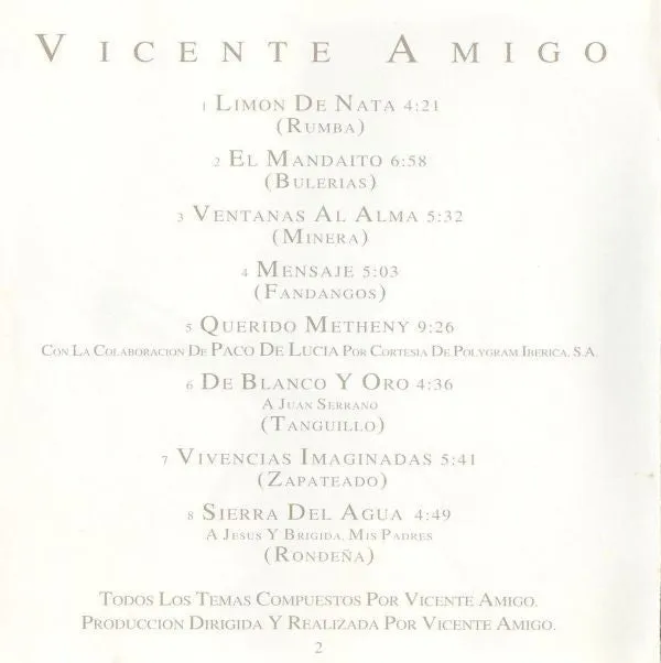 Vicente Amigo Vivencias Imaginadas CD flamenco 1995