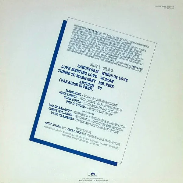 Level 42 Early Tapes July Aug 1980 LP vinile funk