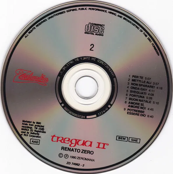 Renato Zero Tregua 2xCD doppio album ristampa 1991