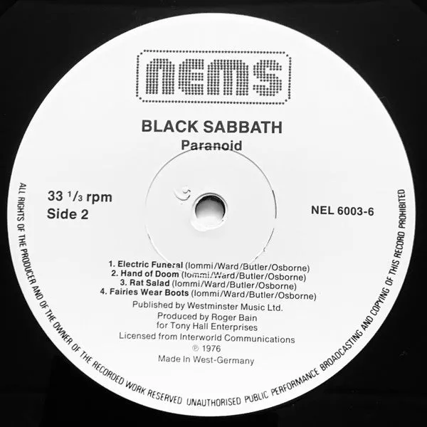 Black Sabbath Paranoid LP ristampa tedesca VG+ metal