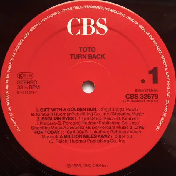 Toto Turn Back LP album ristampa Olanda pop rock NM