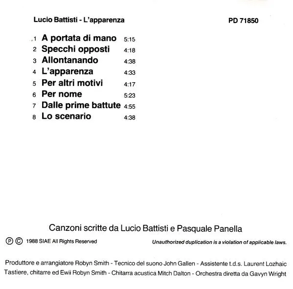 Lucio Battisti L'Apparenza CD album 1988