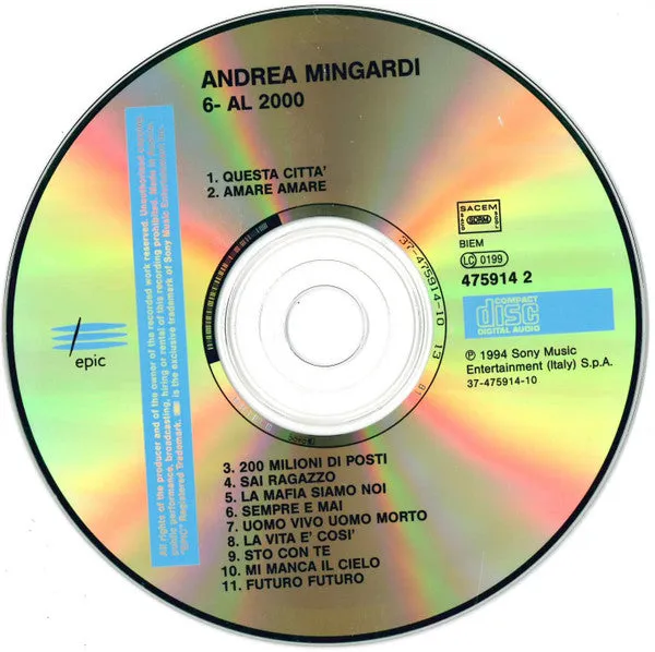 Andrea Mingardi 6 Al Duemila CD album promo NM
