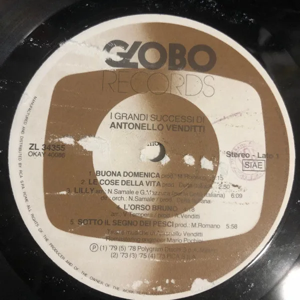 Antonello Venditti I Grandi Successi LP compilation VG+