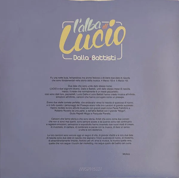 Lucio Dalla e Battisti L'Alba di Lucio vinile 12 blu numerato