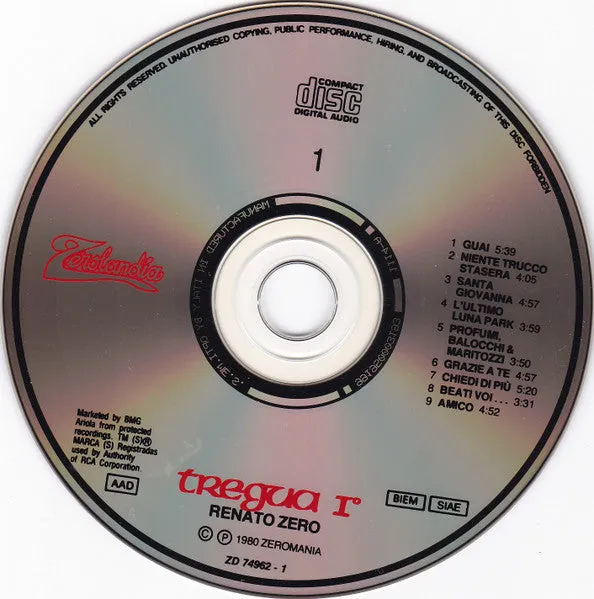 Renato Zero Tregua 2xCD doppio album ristampa 1991