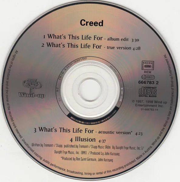 Creed What’s This Life For CD maxi alternative rock slimline