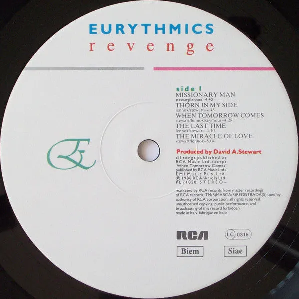 Eurythmics Revenge vinile LP edizione italiana synth-pop VG