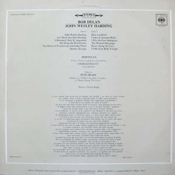 Bob Dylan John Wesley Harding vinile LP ristampa folk