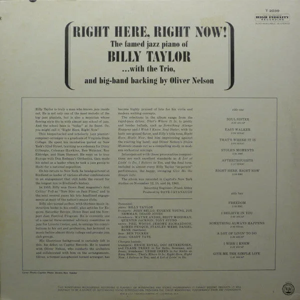 Billy Taylor Right Here Right Now vinile LP mono 1963