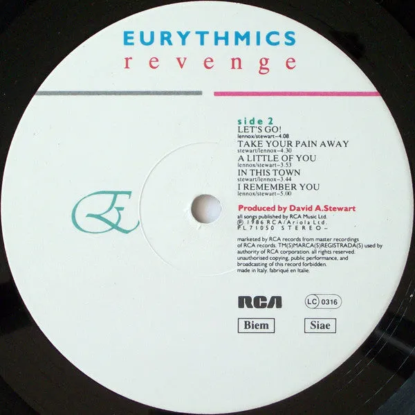 Eurythmics Revenge vinile LP edizione italiana synth-pop VG