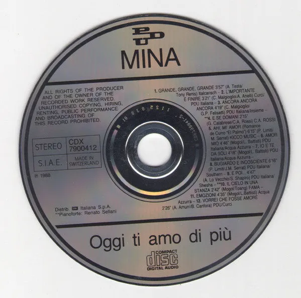Mina Oggi Ti Amo Di Più CD compilation usata 1988