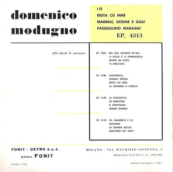 Domenico Modugno Io 7" EP vinile chanson usato VG