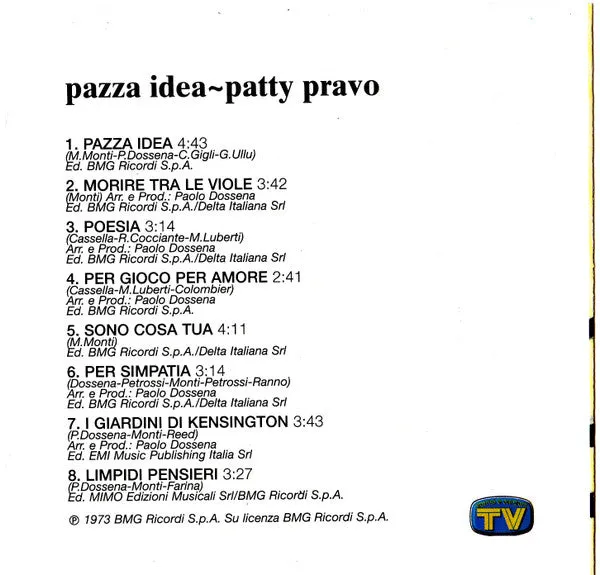 Patty Pravo Pazza Idea CD ristampa 2001 VG+