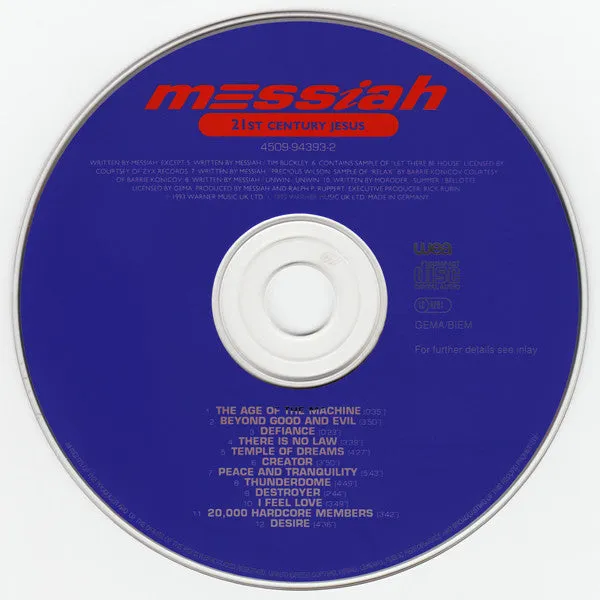 Messiah 21st Century Jesus CD album hardcore 1993 NM
