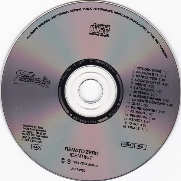 Renato Zero Identikit CD album live VG