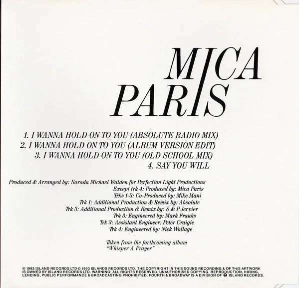 Mica Paris I Wanna Hold On To You CD singolo 1993