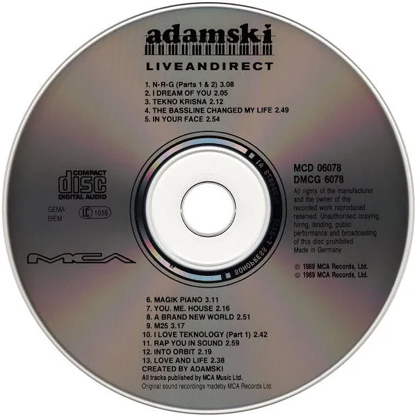 Adamski Liveandirect CD album acid house mixed