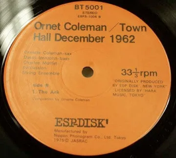 Ornette Coleman Town Hall 1962 vinile LP free jazz NM