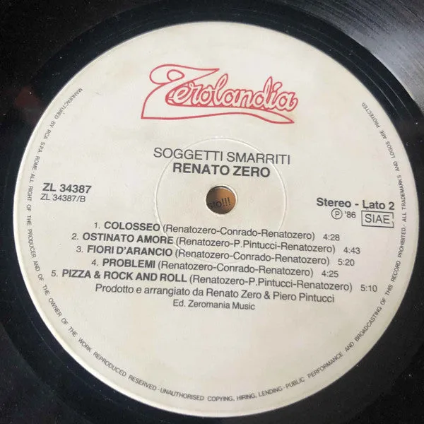 Renato Zero Soggetti Smarriti Vinile LP 1986 usato VG
