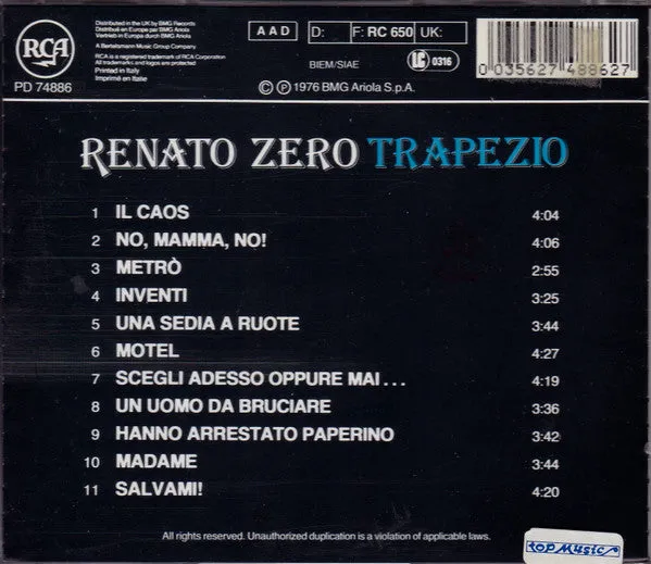 Renato Zero Trapezio CD album ristampa 1991 VG