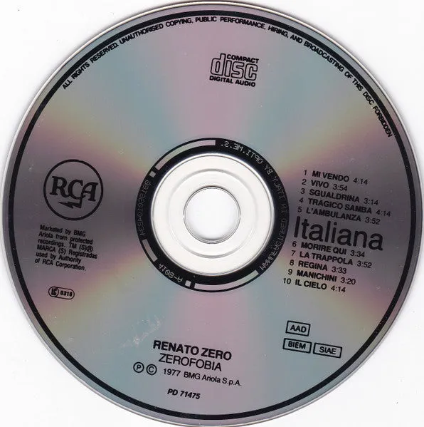 Renato Zero Zerofobia CD album ristampa 1991