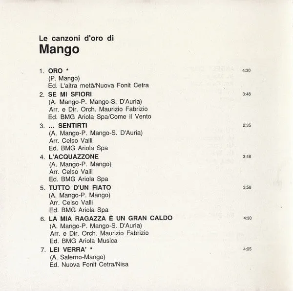 Mango Le Canzoni D'Oro CD raccolta pop italiano