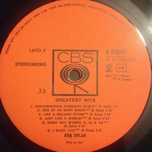 Bob Dylan Greatest Hits LP vinile raccolta italiana 1967 folk
