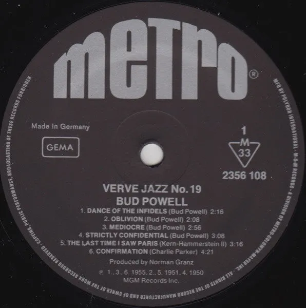 Bud Powell Verve Jazz No. 19 vinile compilation
