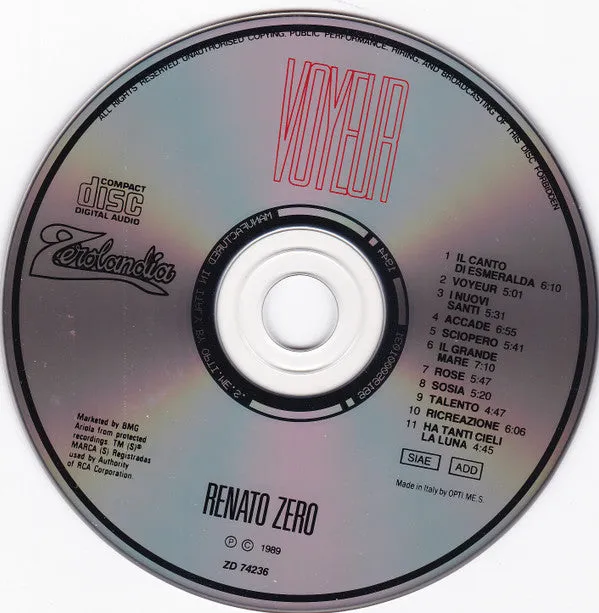 Renato Zero Voyeur CD usato VG pop rock 1989